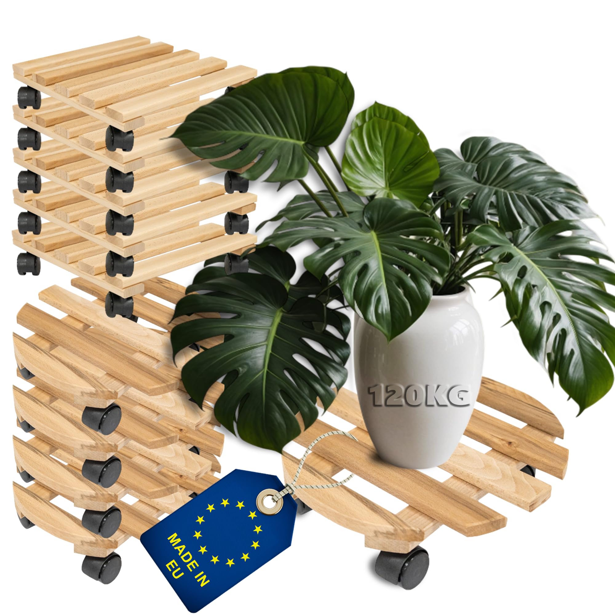 ITA 10x Supports pour Plantes avec Roues en Bois de Hêtre - Charge Max. 120 kg - 5X Ronds Ø 30 cm & 5X Carrés 30x30 cm - pour Pots & Meubles - Intérieur & Extérieur - Fabriqué dans l'UE