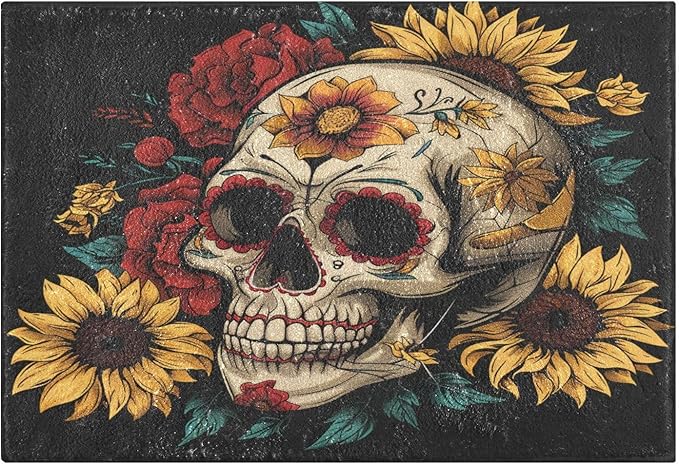 ALAZA Sugar Skull Peonies and Sunflowers Bath Mat Rectangle Non-Slip Absorbent Bathroom Rug Floor Mat for Bathroom Living Room Bedroom,16 x 24 inch