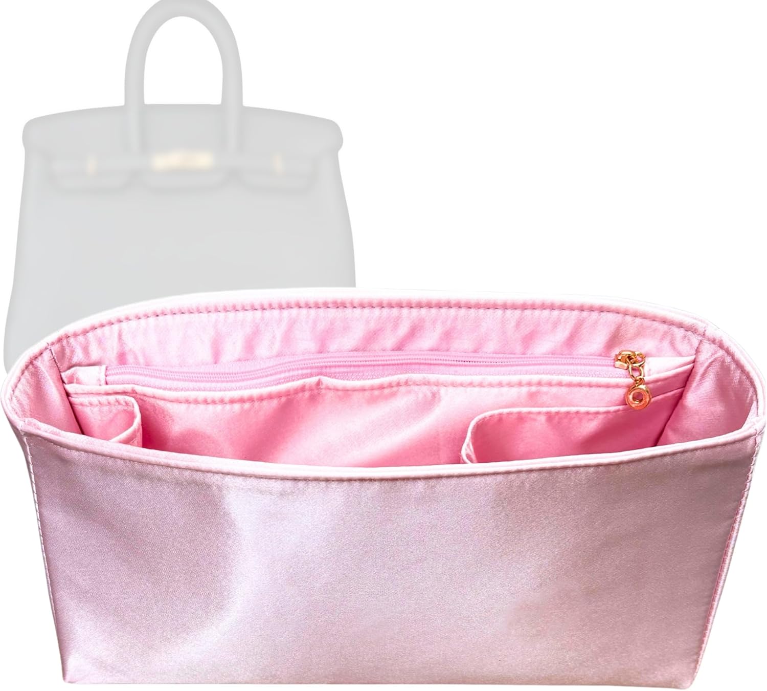 Satin Organizer for Birkin 25,30,35,40,42,45,50, Silk Insert with Zipper Pocket, Trapezoid Shape (BK 42, Pink)