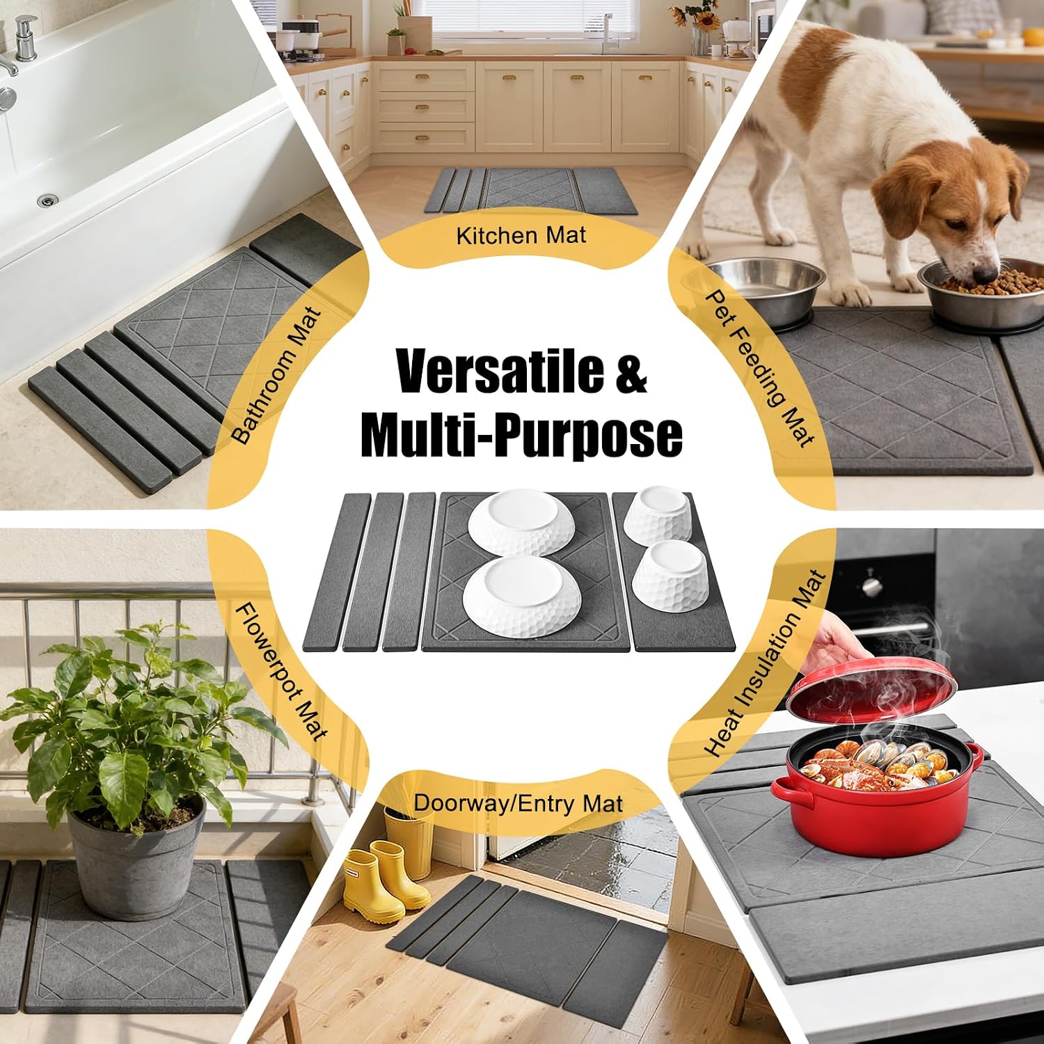 KitchenRaku 3-in-1 Large Stone Dish Drying Mat for Kitchen Counter | Foldable Diatomaceous Earth Quick Dry Mat | Collapsible No Smell | Countertop Bottles Utensils (Dark Gray Plaid Grid, 24"L x 16"W)
