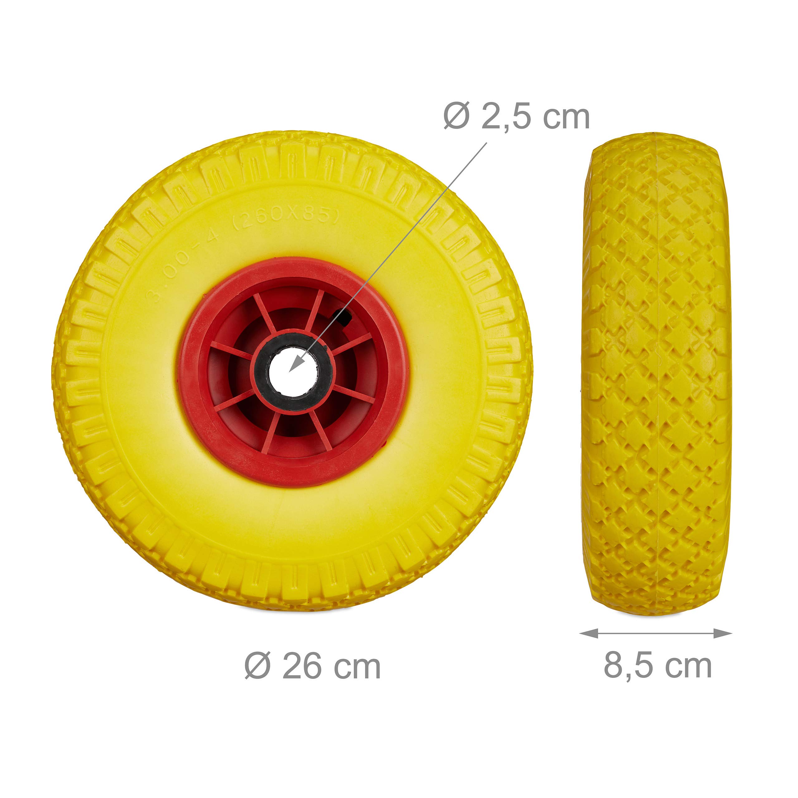 Relaxdays Sackkarrenrad 2er Set, pannensichere 3.00-4" Vollgummireifen, 25mm Achse, bis 80 kg, 260x85mm, versch. Farben