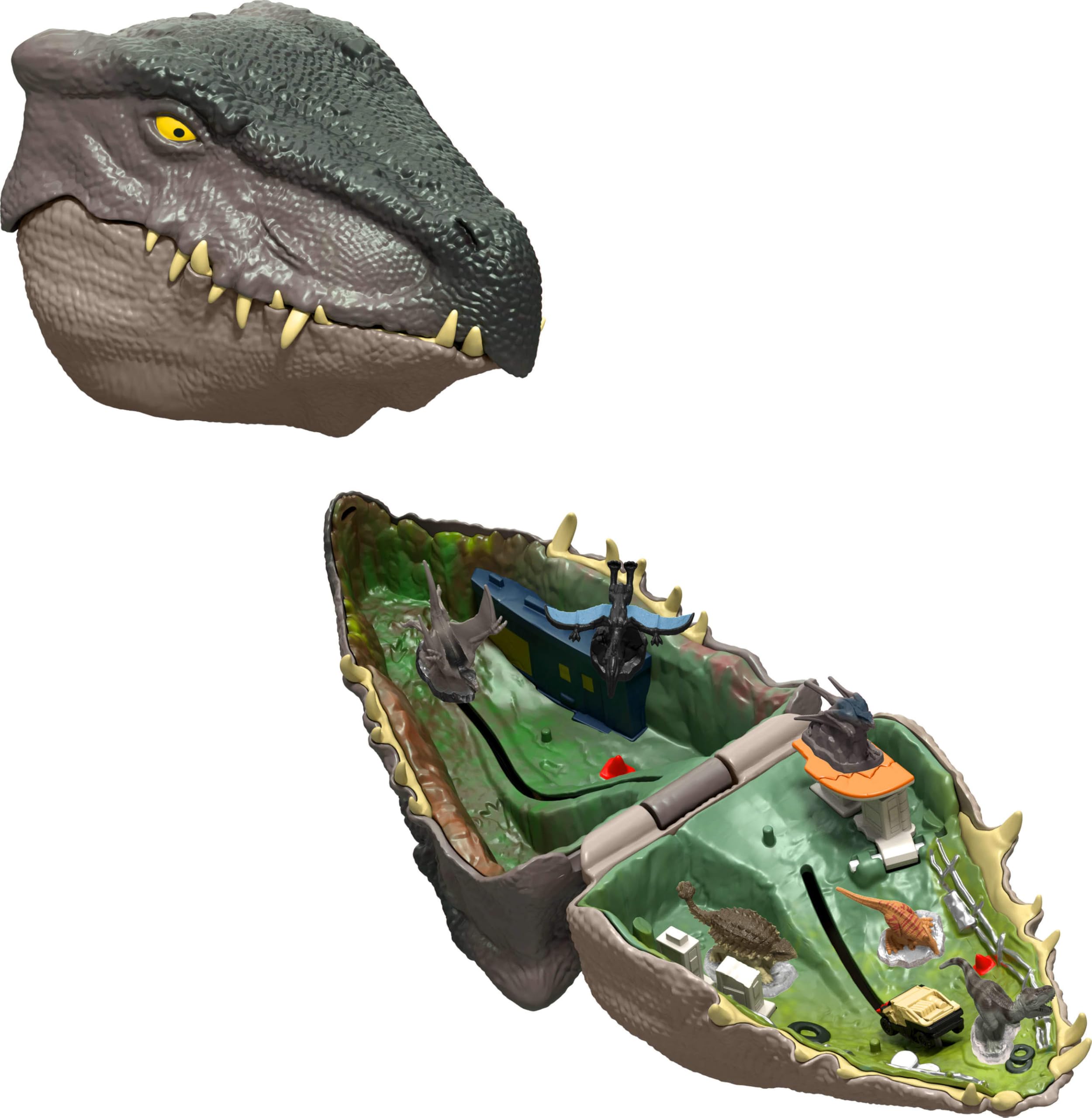 Mattel Jurassic World Rebirth Micro Adventure Playset, Distortus Rex Head Opens to 3 Interactive Features, 6 Small Figures, Dinosaur Toy
