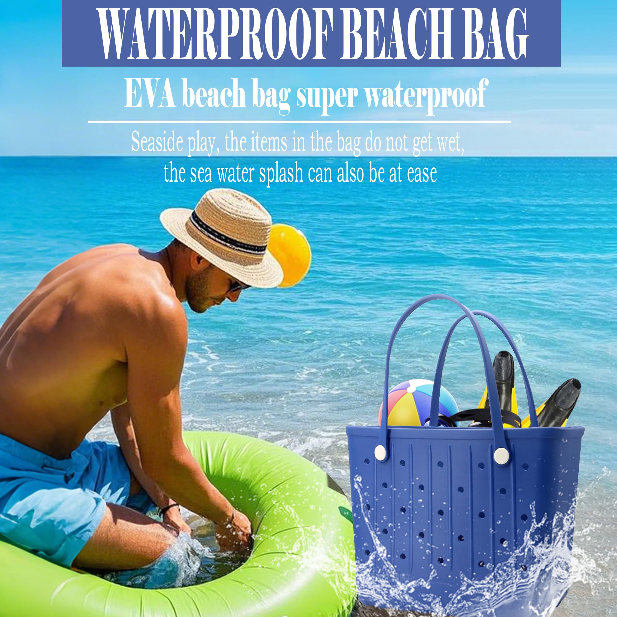 Forrader Rubber Beach Tote Bag, Large Waterproof Beach Bag for Pool Boat, Sports, Outdoor Washable Travel Tote Bag