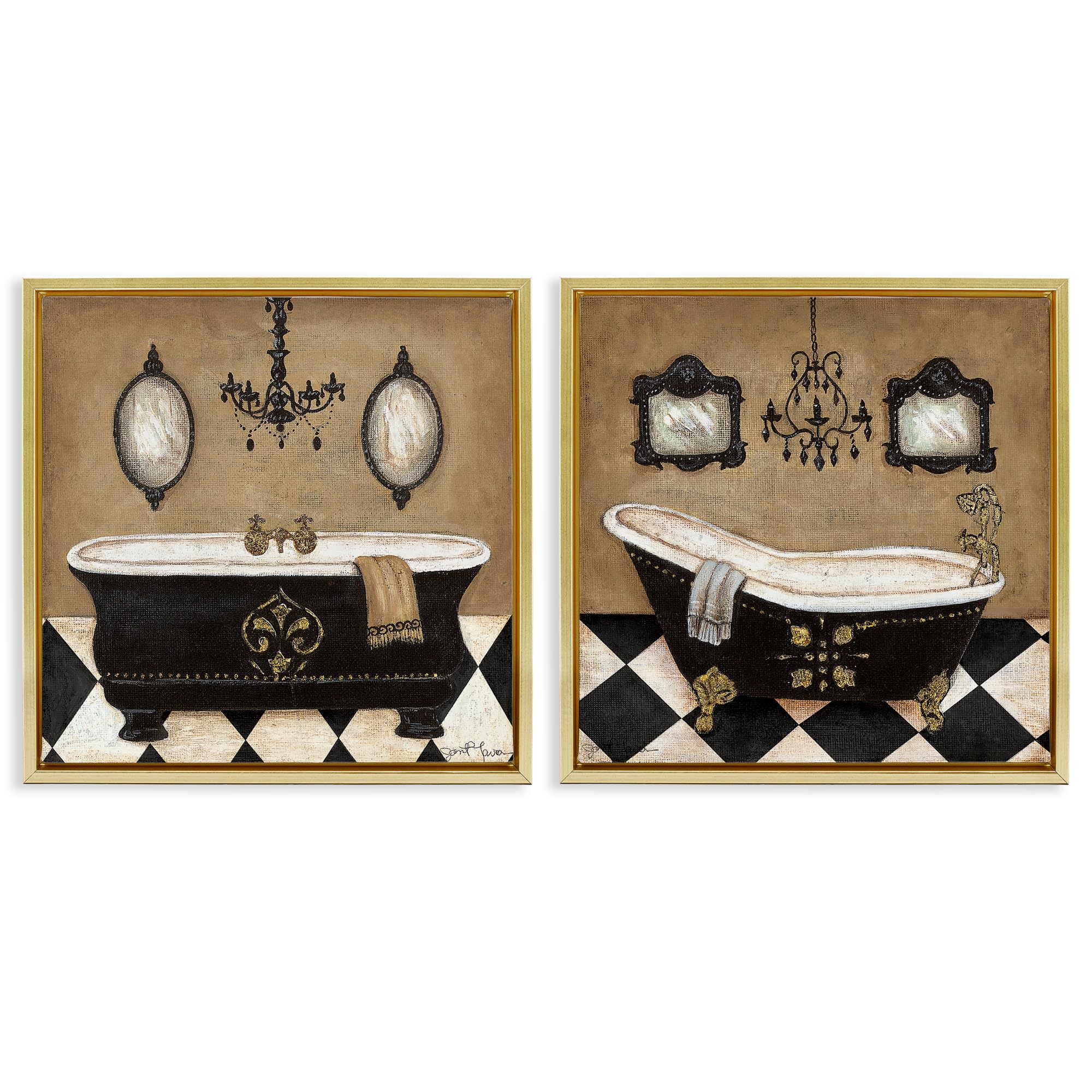 Stupell Industries 'Elegant Bathroom with Chandeliers', 2pc Floating Frame Art Set 2, Gold, 18 x 18 Inches, Easy to Hang and Sturdy, Made in USA, by Janet Tava