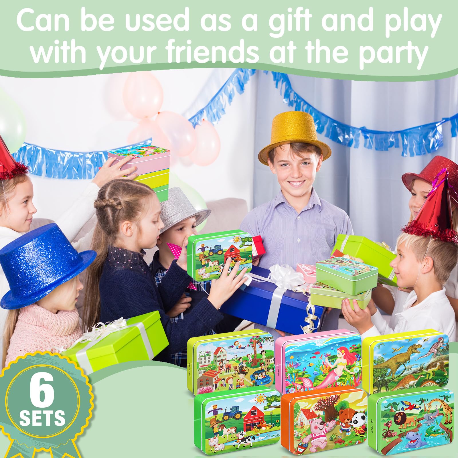 Motionchic 6 Set Jigsaw Puzzles in a Metal Box for Kids Age Over 6, 100 Pieces Wooden Mini Puzzle Animal Marine Mermaid Fire Truck Dinosaur Puzzles for Girl Boy Educational Party Favor (Cute) - Image 5