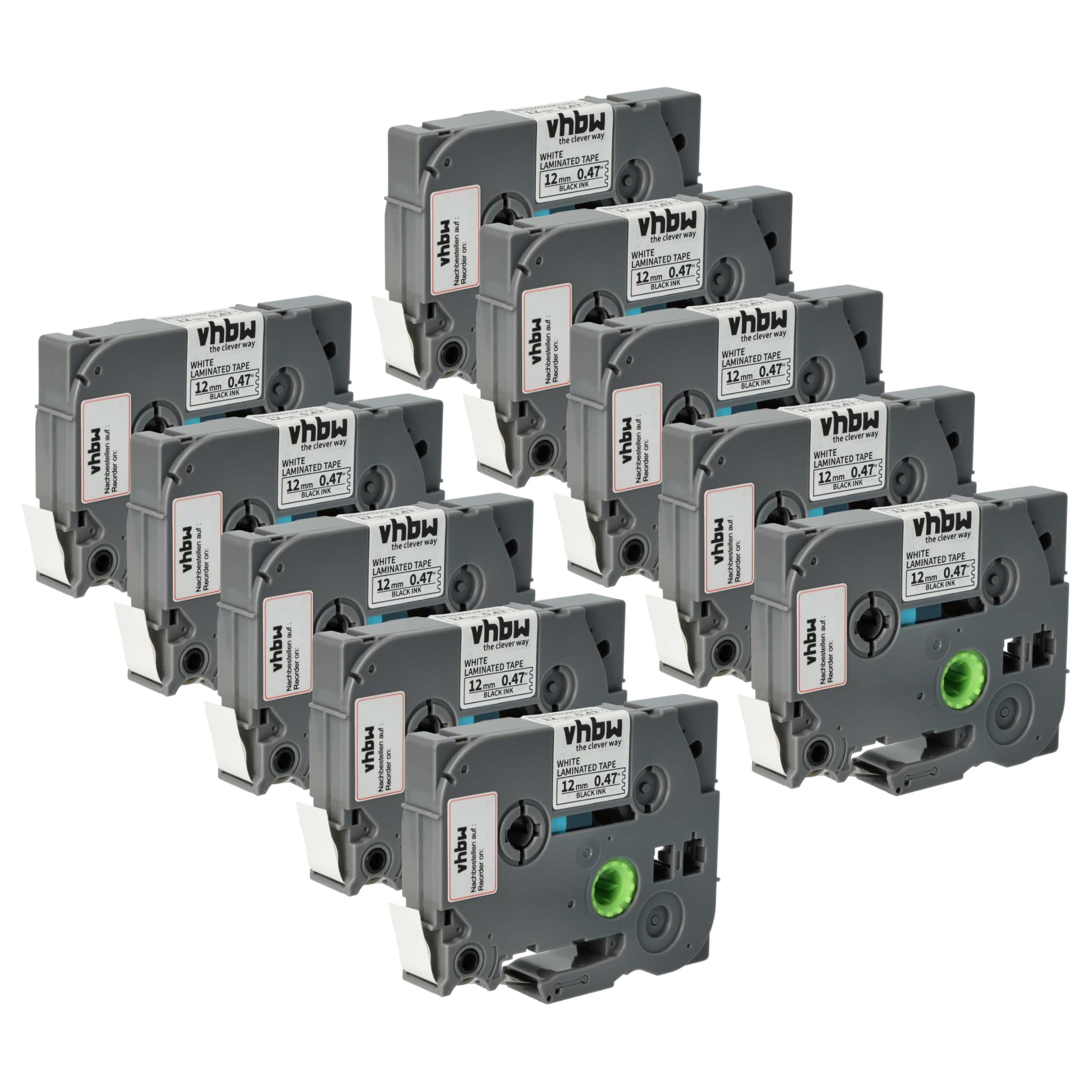 vhbw 10x Cassetta nastro compatibile con Brother PT 1280SR, 1280VP, 1280SP, 1280TG etichettatrice 4m x 12 mm nero su bianco, laminato