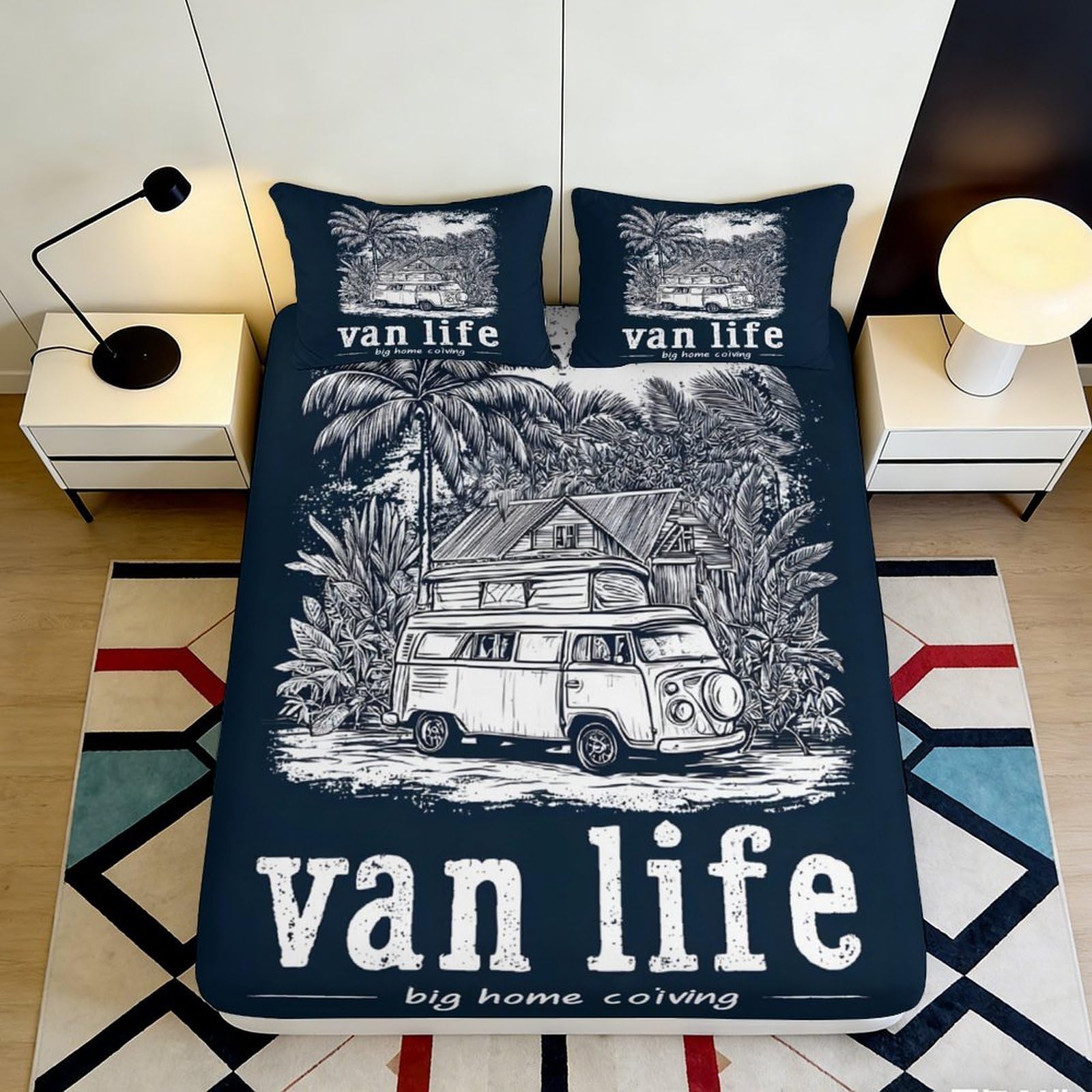 3D Printed Camper Forest Fitted Sheet Microfiber Deep Pocket Non-Slip Bedroom Bedding Camper Design Mattress Fitted Cover Washable for Adults 200x200x25cm 90x200x25cm