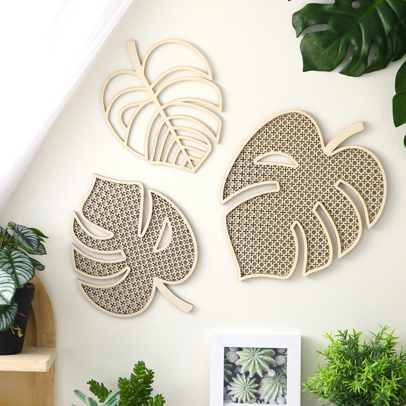 Lineshading 3 Pcs Wooden Rattan Palm Tree Wall Decor Monstera Leaf Wooden Boho Art Tropical Plant Rattan Wall Decor for Home Bathroom(Wood Color)