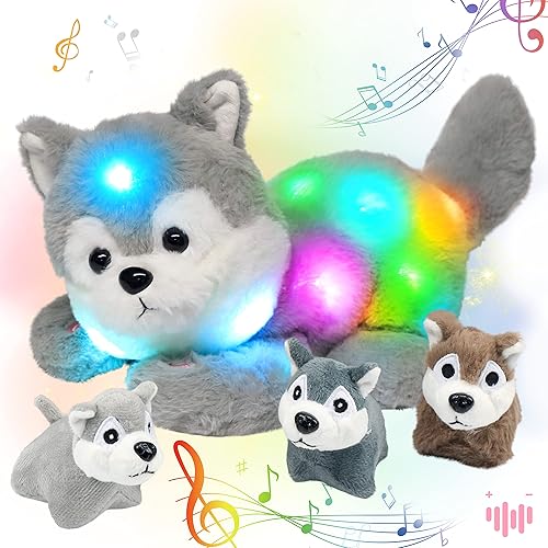 Miniatura 9 de Hopearl Husky de peluche musical con luces LED para cantar y cantar con 3 cachorros en su abdomen con volumen ajustable canción de cuna regalos