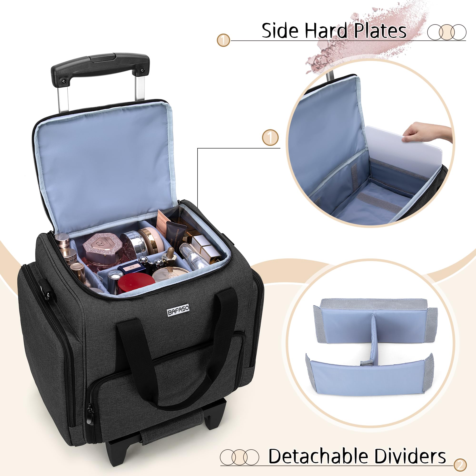 BAFASO Valigia Trolley Trucco con 3 Tasche Rimovibili e 1 Borsa per Pennelli per Trucco, Borsa per il Trucco da Viaggio con Carrello Staccabile, (In Attesa Di Brevetto), Nero