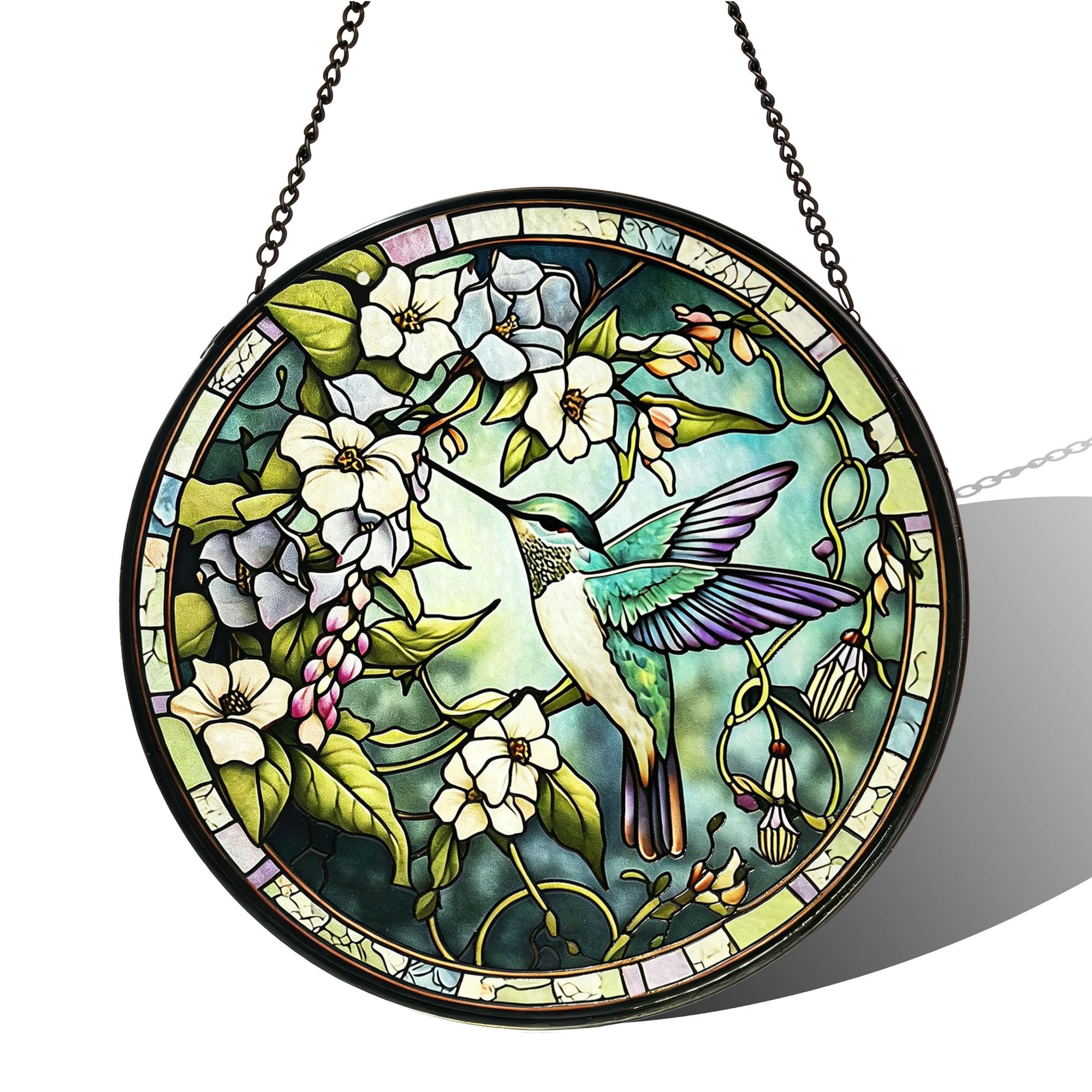 Stained Acrylic Puzzle Suncatcher,7.48in Flying Hummingbird Garden Porch Hanging Ornament
