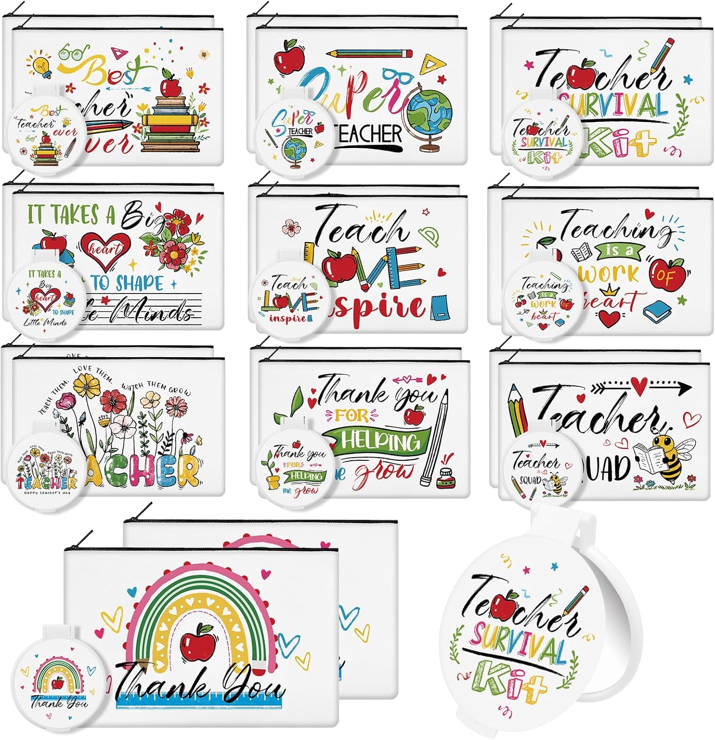 20 Set Teacher Makeup Bags with Compact Mirrors Appreciation Gifts Canvas Cosmetic Bags Thank You Zipper Pouch Bulk for Teacher Women Coworker Employee Gifts