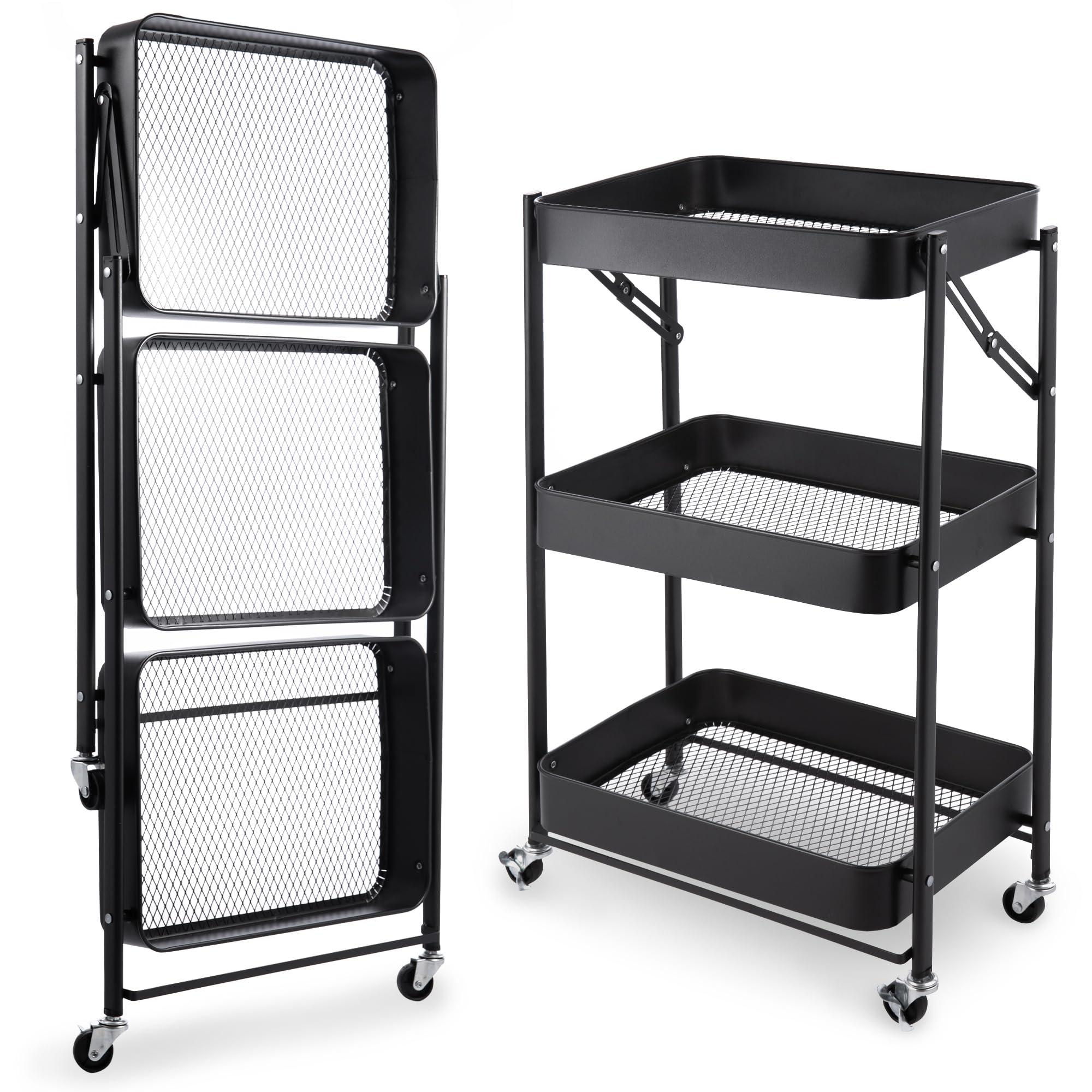 ASAB Storage Trolley on Wheels Foldable Design 3 Tier Trolley 360° Rotatable Wheels Mesh Trays 60kg Load Capacity No Assembly Book Cart Makeup Kitchen Storage Trolley Rolling Cart for Bathroom Office