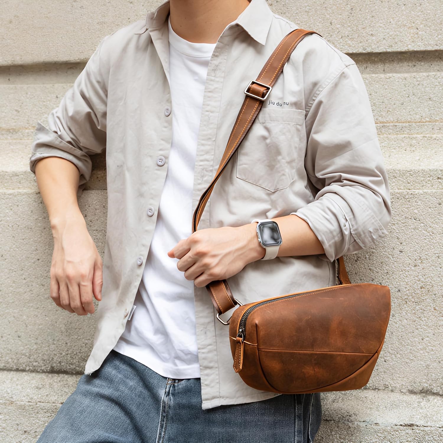 Mens Leather Sling Bag, Crossbody Pack, Fits 6.7 Phone, Coffee | Crazy Horse Leather, Compact EDC, Fits 6.7 Phone, Zipper Pockets, Adjustable Strap, Crossbody or Chest Carry