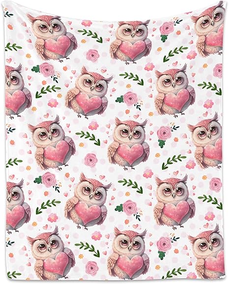Owl Throw Blanket, Cozy Flannel Throw Blankets for Couch Office, Cute Soft Throw Gifts for Kids, Pink 30"x40"