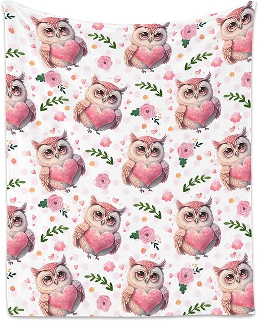 Owl Throw Blanket, Cozy Flannel Throw Blankets for Couch Office, Cute Soft Throw Gifts for Kids, Pink 30"x40"