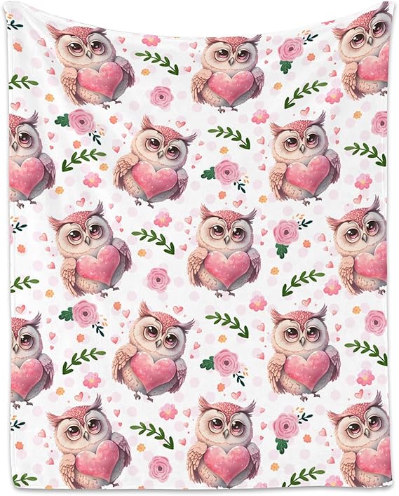 Owl Throw Blanket, Cozy Flannel Throw Blankets for Couch Office, Cute Soft Throw Gifts for Kids, Pink 30"x40"