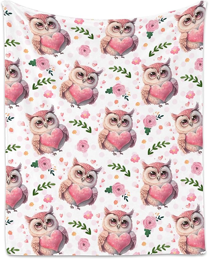 Owl Throw Blanket, Cozy Flannel Throw Blankets for Couch Office, Cute Soft Throw Gifts for Kids, Pink 30"x40"