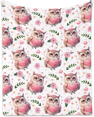 Owl Throw Blanket, Cozy Flannel Throw Blankets for Couch Office, Cute Soft Throw Gifts for Kids, Pink 30"x40"