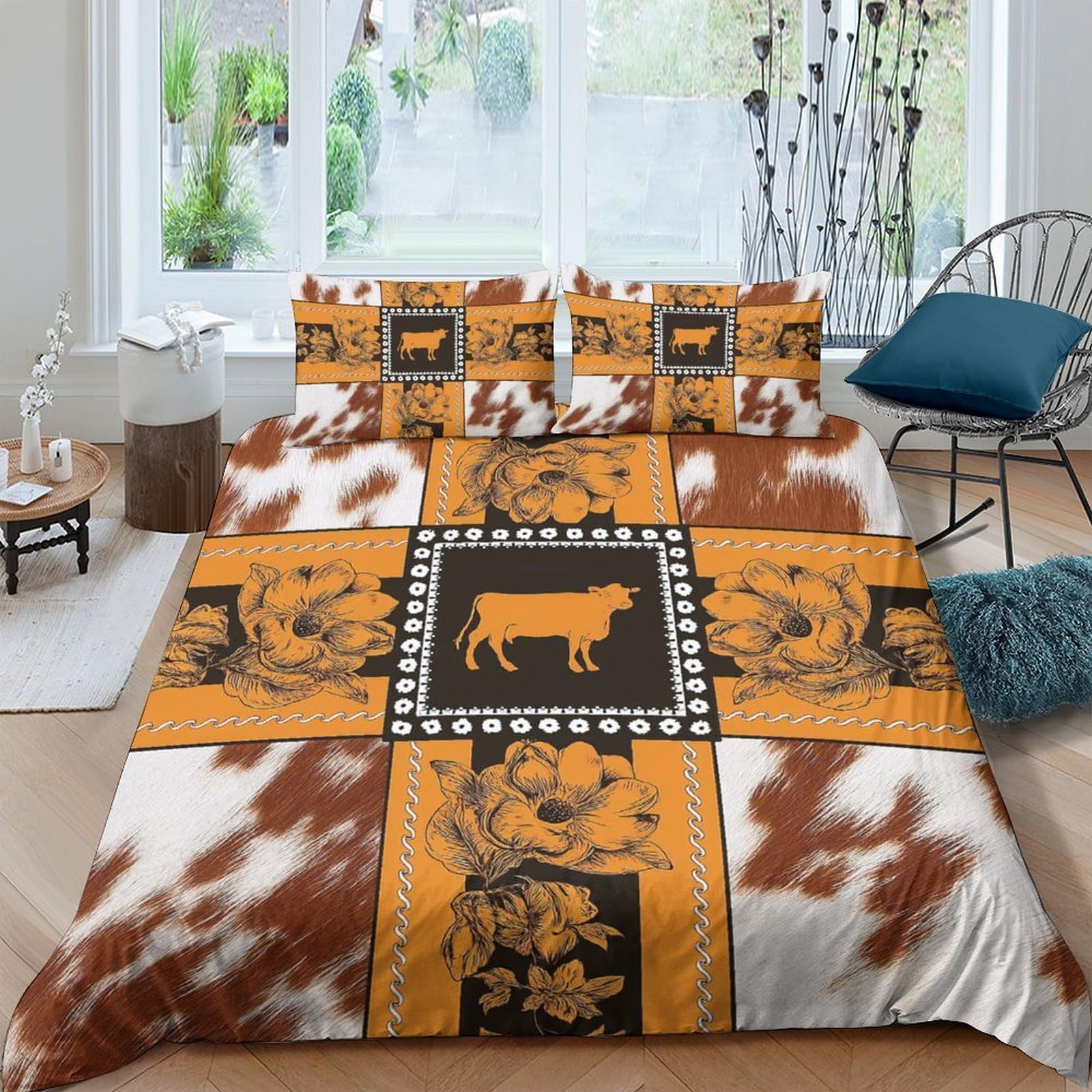 Ctjqhvkz Style-5 3D Printed Cow Patchwork Fitted Sheet Microfiber Anti-Slip Brown White Western Bed Cover Bedroom Decor Single（135X200cm）