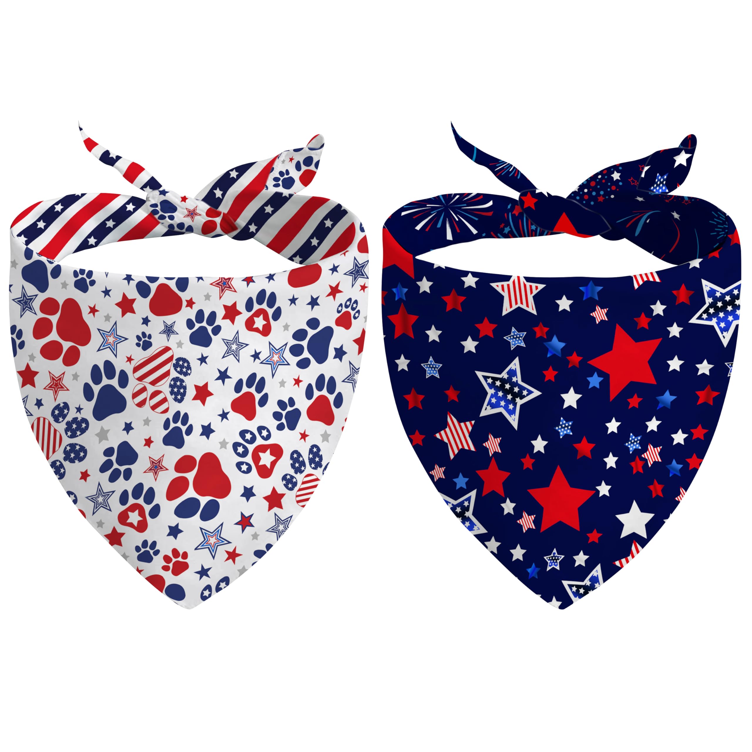 4th of July Dog Bandana Reversible 2 Pack Small, Red White and Blue Dog Paw Star Patriotic Dogs Bandanas Set Adjustable Triangle Holiday Scarves for