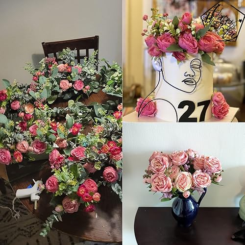 Miniatura 5 de Flores artificiales de seda, ramo de peonías sintéticas rosas, 4 paquetes de arreglos florales para decoración de casa de campo, hogar, mesa de