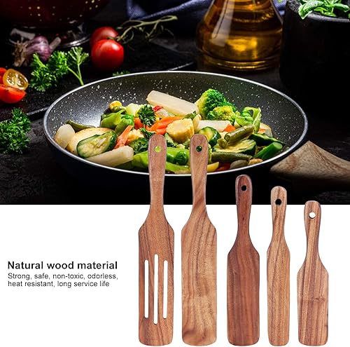 Miniatura 9 de Juego de utensilios de cocina de madera de teca, 5 piezas, espátulas de madera, herramientas de calor con orificio para colgar, para agitar, girar y
