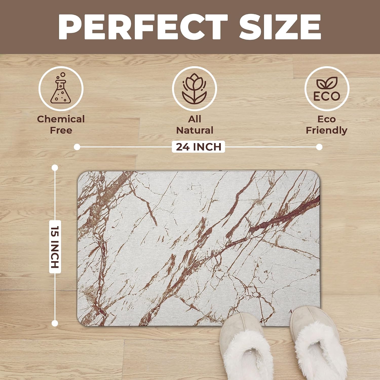 Marble Diatomite Stone Bath Mat - Diatomaceous Earth Non Slip Shower Mat with Sanding Tool - Fast Drying Stone Mat with Luxury Marble Design for Bathroom, Shower, Bathtub - 24x15” (White-Gold)