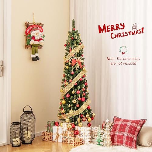Miniatura 207 de Goplus Árbol de Navidad artificial de 6 pies, árbol de Navidad con bisagras preiluminado con 250 luces LED y soporte de metal, árbol de Navidad