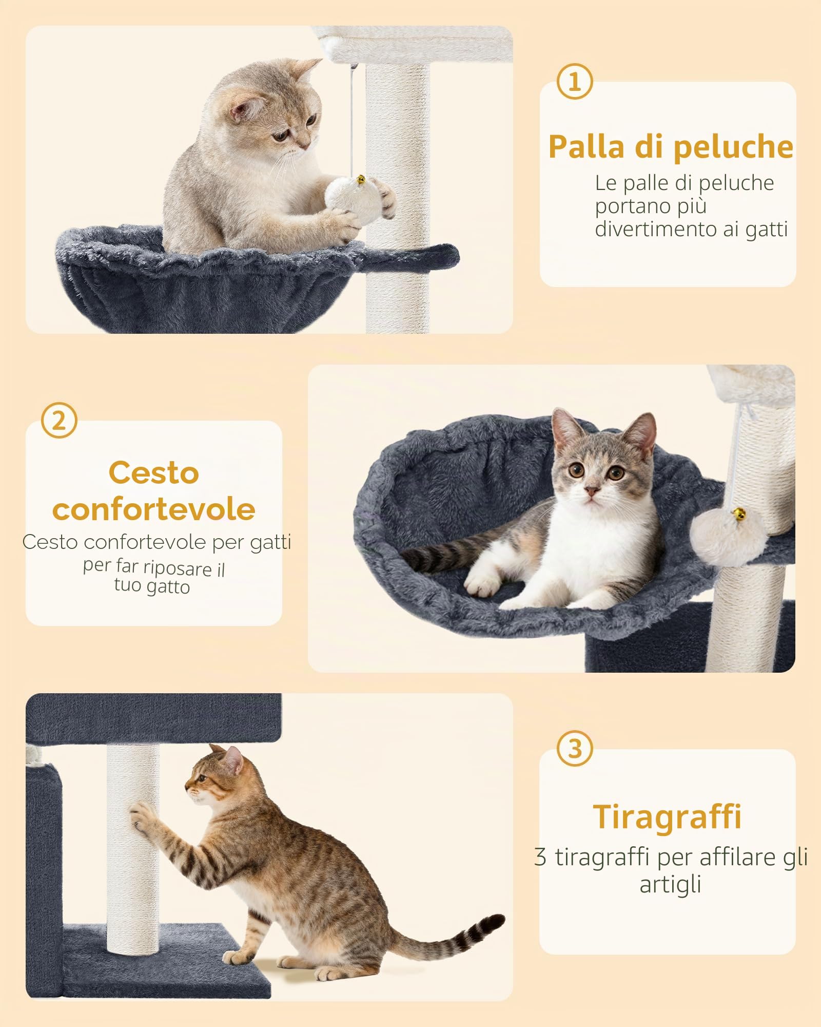 Hzuaneri Tiragraffi per Gatti, 75 cm Albero Tiragraffi per Gatti con 2 Grotte per Gatto, 3 pali in sisal, Trespolo di Peluche, Cestino, Grigio Scuro MS07618SG