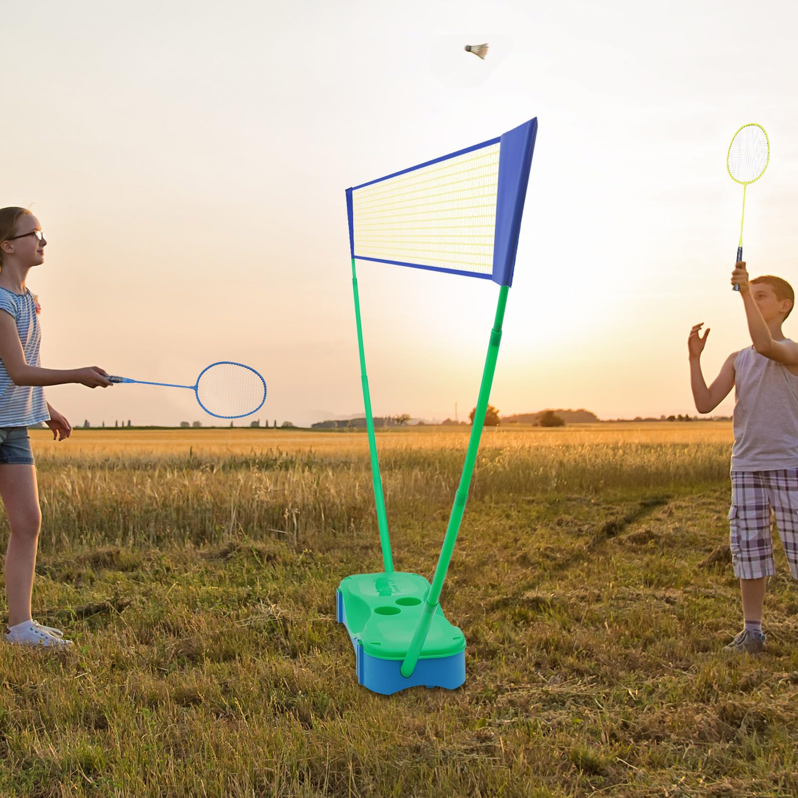 Filet de badminton avec support, support de filet portable, filet de badminton avec 2 raquettes de badminton, 2 volants, filet de volley-ball pour intérieur et extérieur, arrière-cour, plage
