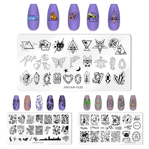 Miniatura 7 de Bellelfin Kit de sellos de uñas 3 piezas diseño de estrellas patrón de flores patrón de imagen a cuadros placa de estampado de uñas con raspador