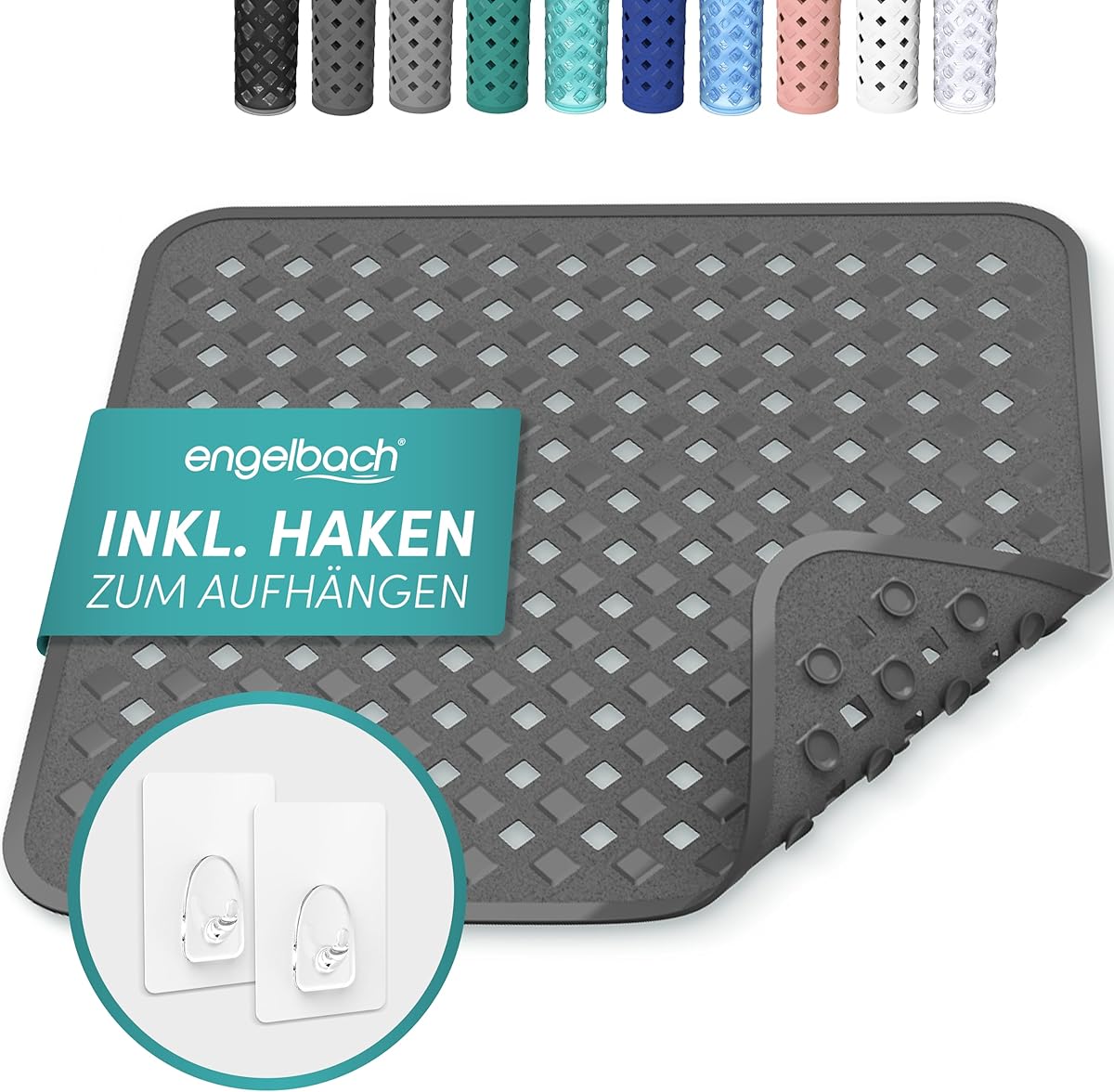 Engelbach® Duschmatte rutschfest 53x53cm inkl. 2 Haken - Antibakteriell & BPA-frei - Duscheinlage, Antirutschmatte - Waschmaschinen geeignet und schimmelresistent