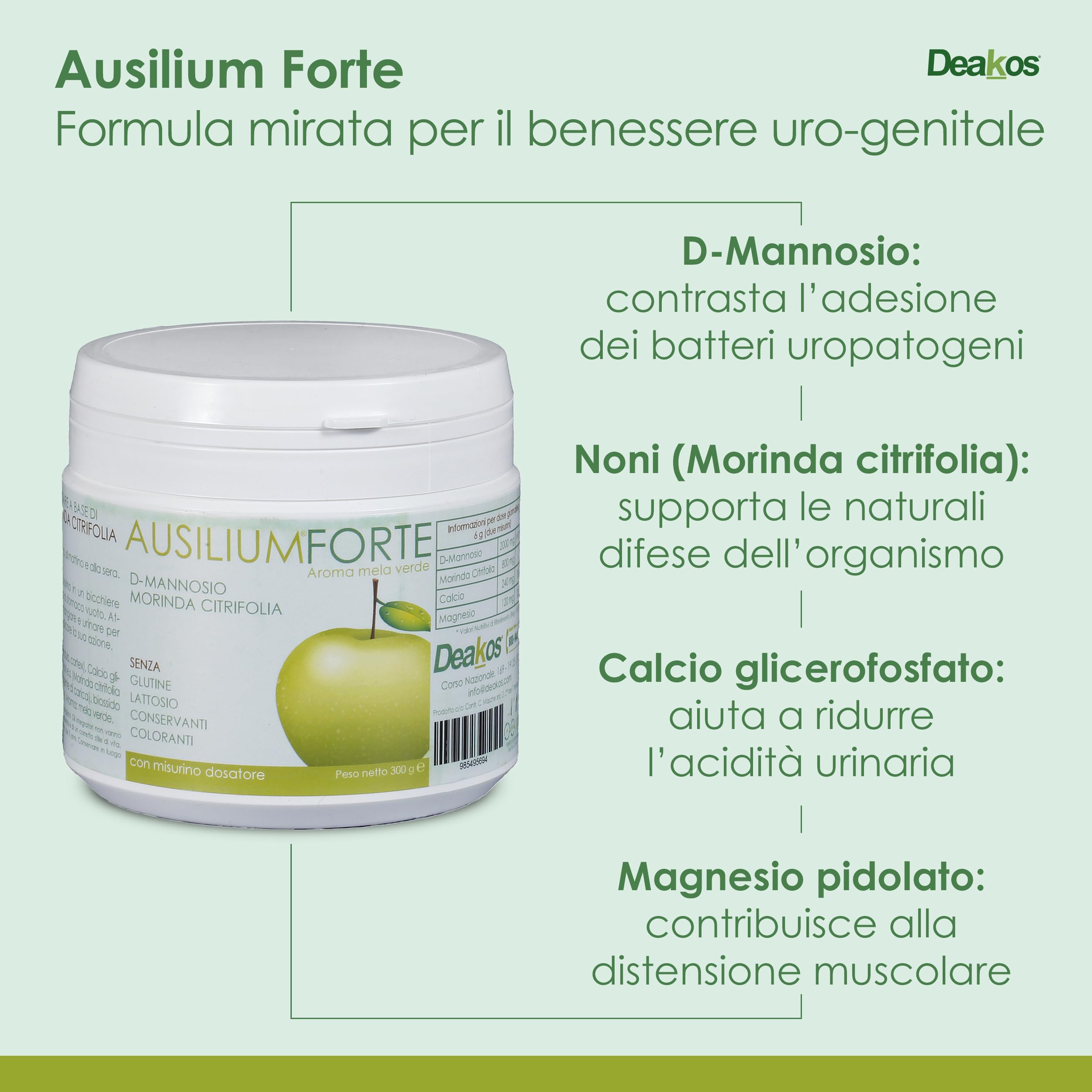 Deakos Ausilium Forte 300g - Integratore Cistite Donna e Benessere delle Vie Urinarie - In Polvere Gusto Mela Verde - A base di D Mannosio Puro e Morinda Citrifolia - Senza Glutine e Lattosio