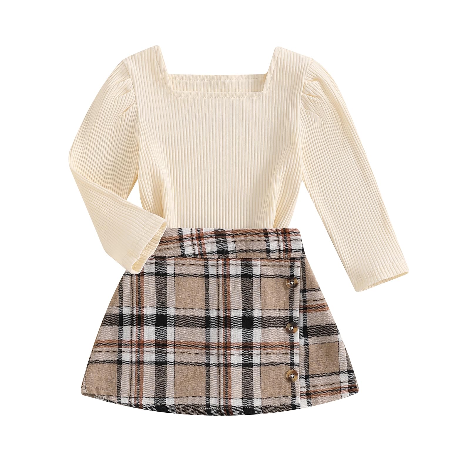 BeQeuewll Fall Winter Toddler Baby Girl Clothes 2Pcs Long Sleeve Ribbed Knit Shirt Plaid Skirt 1T 2T 3T 4T 5T Girls Dress