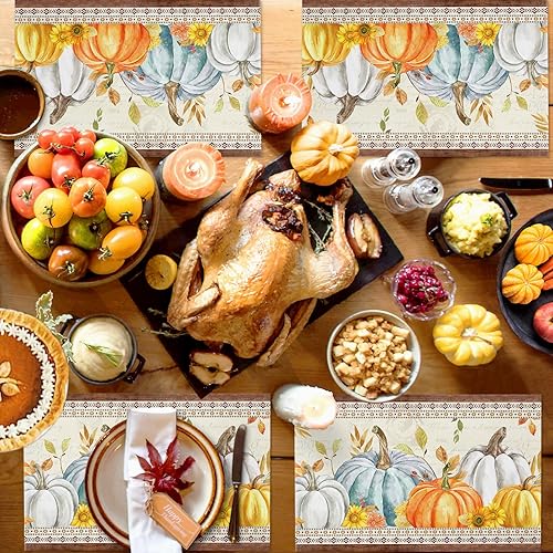 Miniatura 3 de Fall Placemats for Dining Table Set of 6 Pumpkin Maple Leaves Place Mats Wood Grain Autumn Placemat Harvest Thanksgiving Table Mats for Kitchen