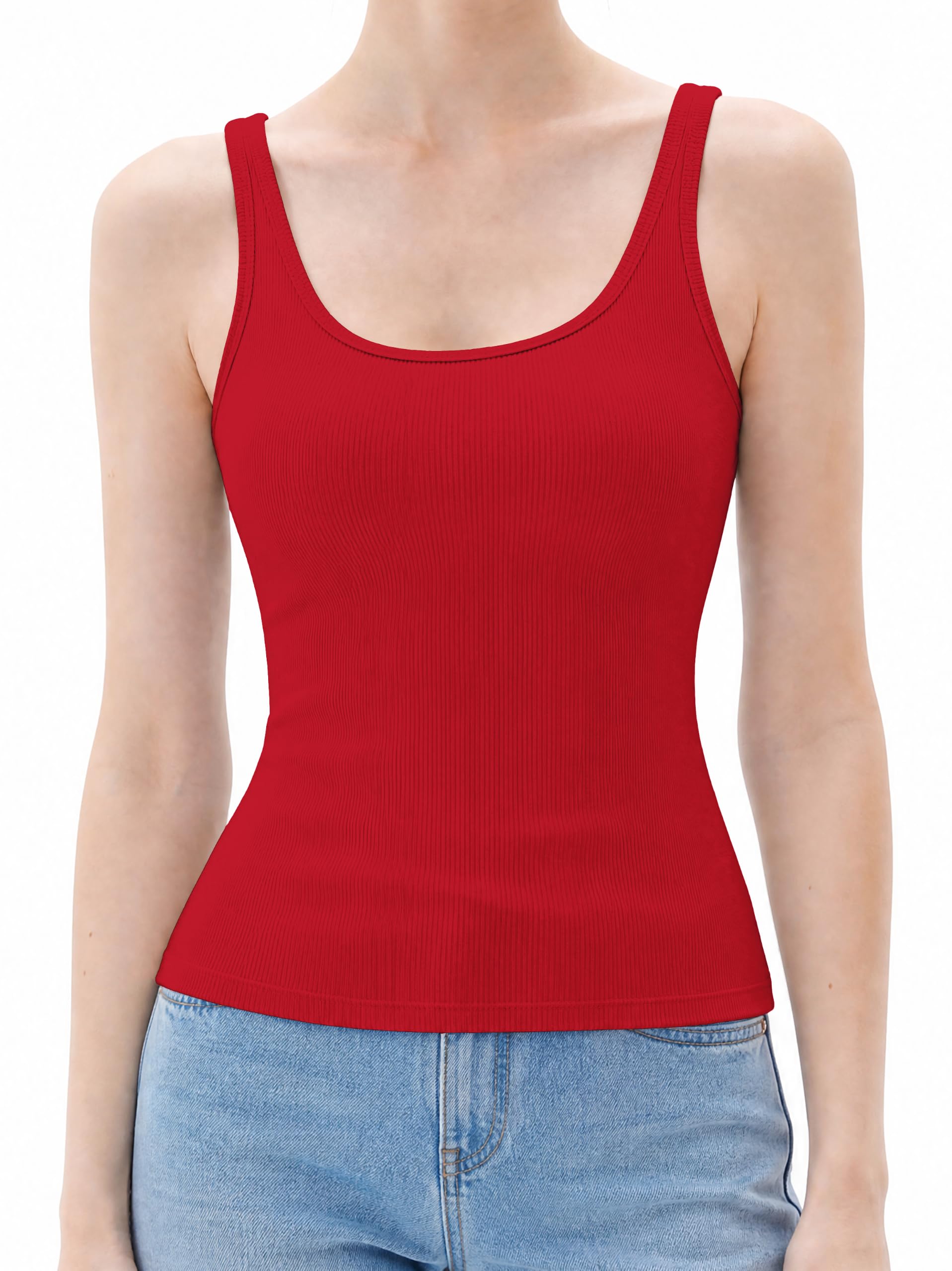 Womens Ribbed Tank Top Workout Built in Bra Square Neck Sleeveless Basic Shirt