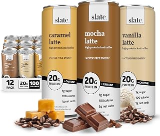 Slate Milk High Protein Iced Coffee Energy Variety Pack - 20g Protein, 175mg Caffeine, 1g Sugar, Lactose-Free Lattes, 12 Cans