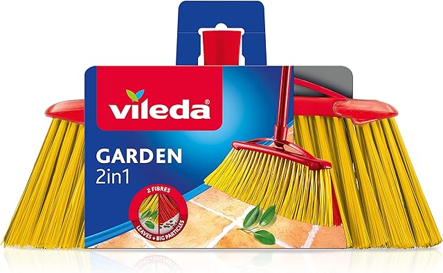 Vileda 2 w 1 szczotka ogrodowa z dwoma rodzajami, do ogrodu, do liści, żwiru, z recyklingu, 17 x 37,5 x 5,5 cm, 386 g, czarna, cyjan, magenta, żółta
