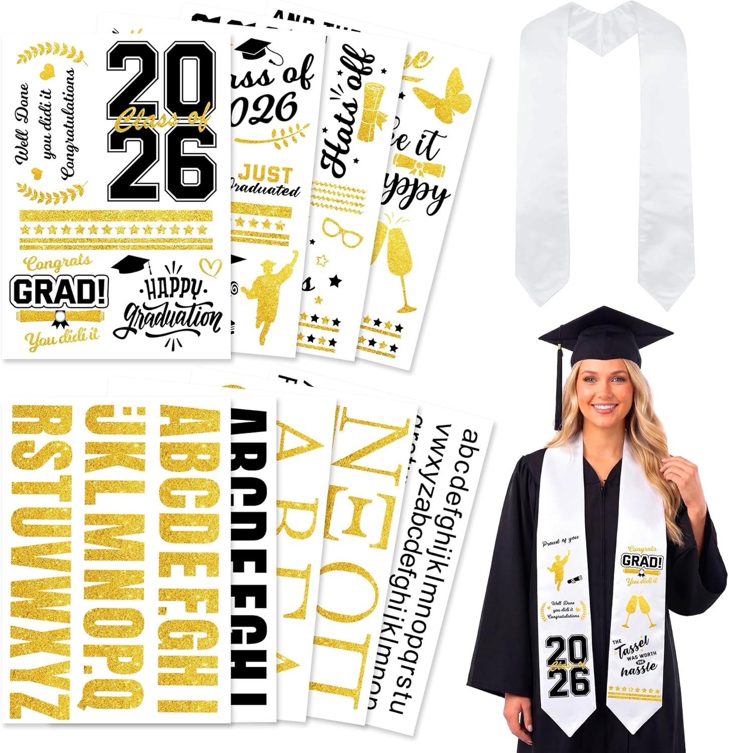 GraduatePro 72" Graduation Stole Class of 2026 with 9 Sheets Black & Gold Iron-On Heat Transfer Vinyl Stickers Set, DIY Customize Cap Sublimation Blank Sash Decor