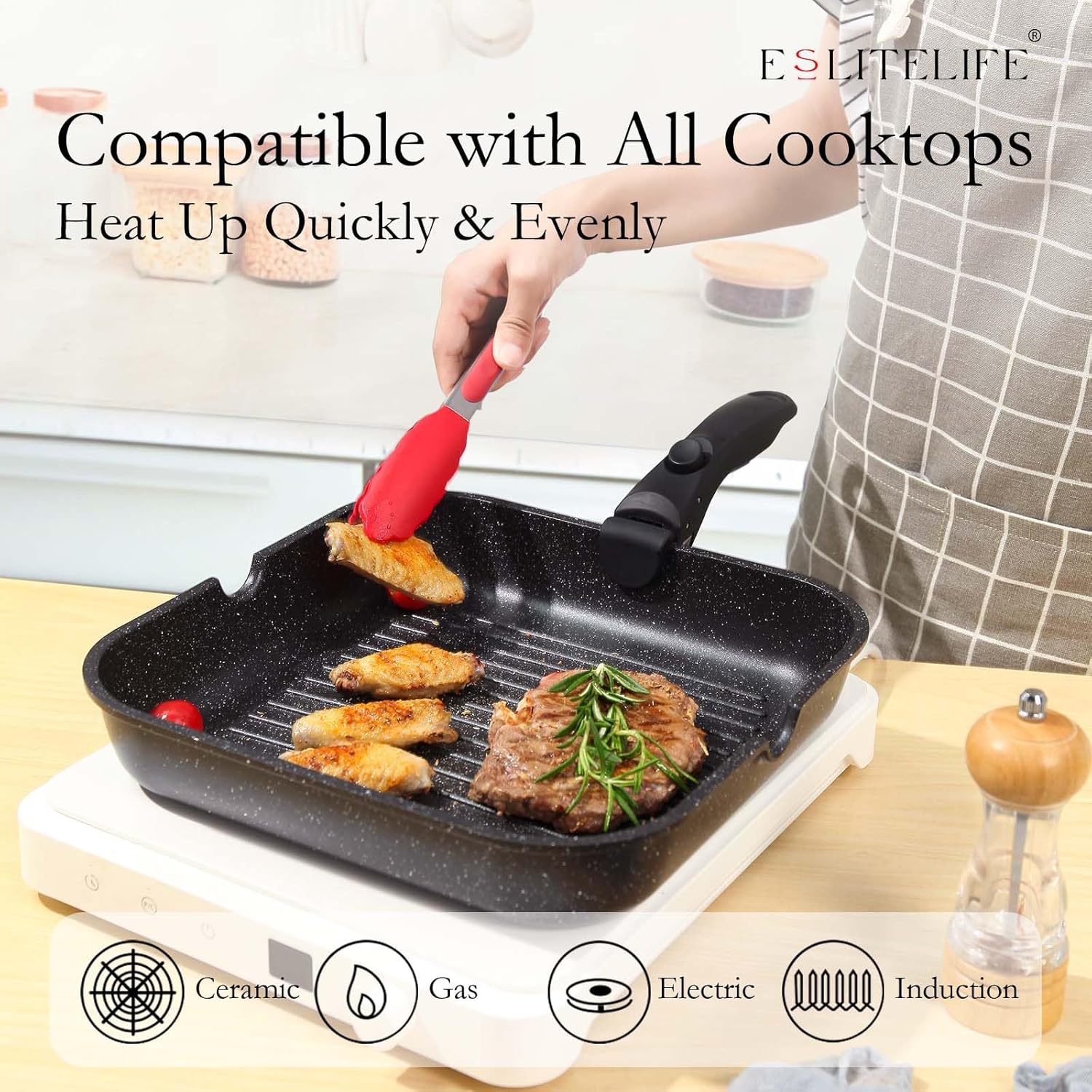 ESLITE LIFE Nonstick Grill Pan with Detachable Handle, Versatile Square Skillet for Indoor Cooking & Outdoor Grilling, PFOA Free, Black-11 Inch