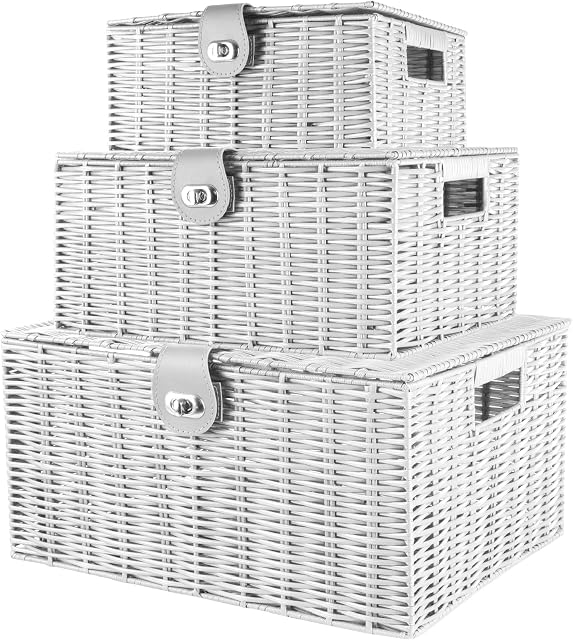 Unibos | Woven Wicker Hamper Basket | Comes with Lid & Lock | Decorative Storage Box | Resin Shelf Storage Baskets | for Organizing Toys, Clothes, Office etc | Insert Handles | Set of 3 |