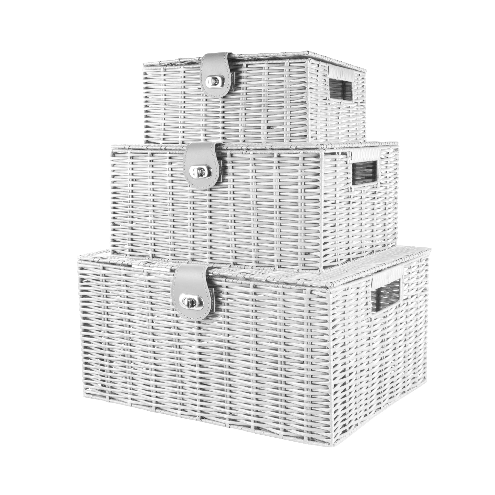 Unibos | Woven Wicker Hamper Basket | Comes with Lid & Lock | Decorative Storage Box | Resin Shelf Storage Baskets | for Organizing Toys, Clothes, Office etc | Insert Handles | Set of 3 | ๐ช๐๐๐ง๐