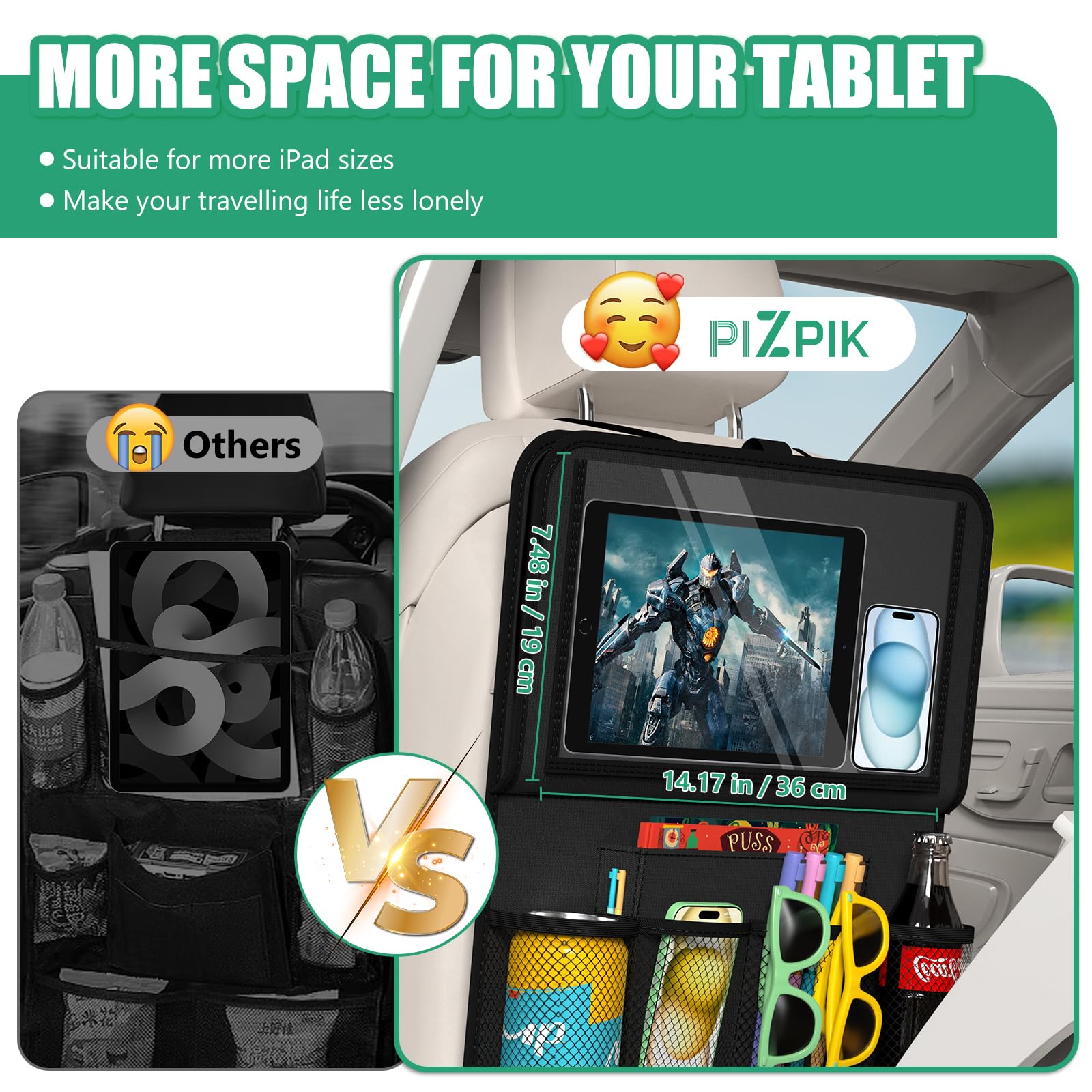 Plzpik Organizer per sedile auto con supporto per tablet, 11 tasche portaoggetti con vassoio pieghevole per alimenti, tappetino protettivo per bambini, accessori da viaggio