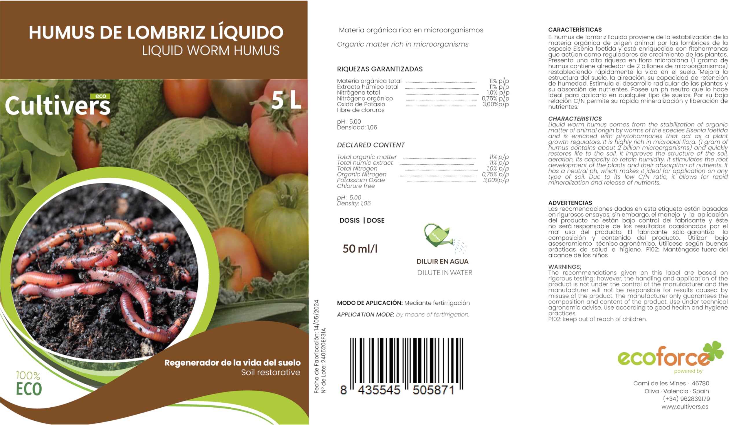 CULTIVERS Humus Liquido Biologico per lombrichi 10 L Materia Organica Ricca di microrganismi. Rigeneratore Soil Life