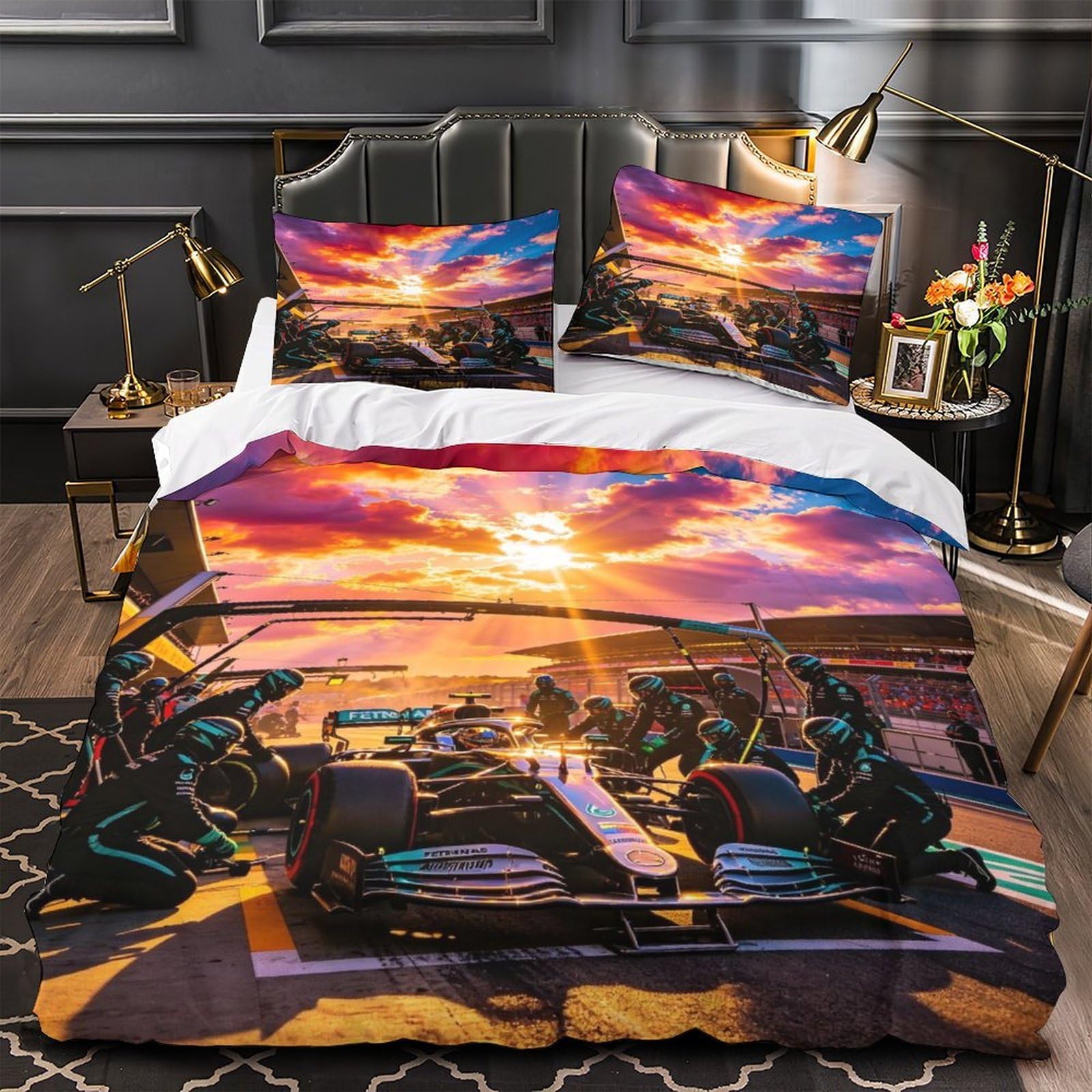 XiaopangXY Washable Mercedesse Racing Bedding Set With Hidden Zipper, Single（140x200cm） Mercedesse Racing Duvet Cover with Pillowcases, Soft Microfiber Pit Stop Quilt Cover for Boy & Girl & Adults