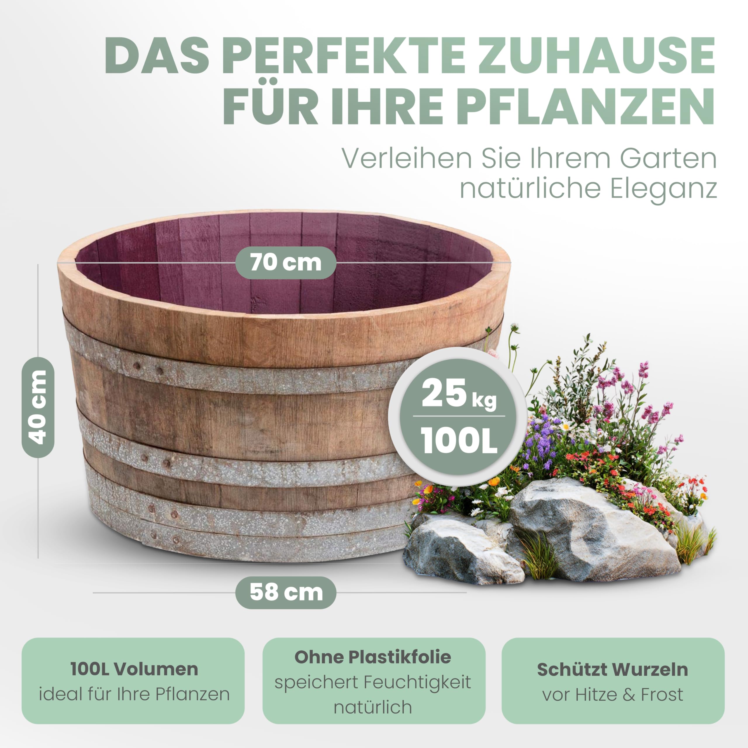 Temesso Holzfass, gebrauchtes Weinfass halbiert aus Eichen-Holz Fass als Pflanzkübel oder Miniteich (D70 H40 cm 100 Liter)