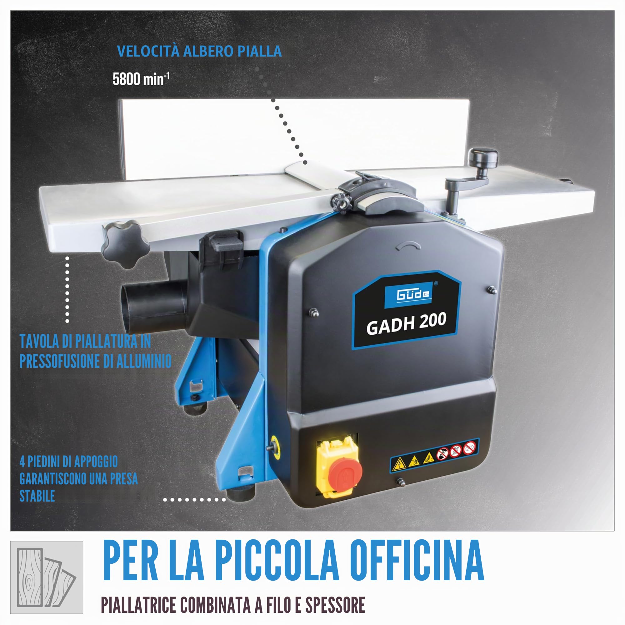 Güde 55440 GADH 200 - Piallatrice per pavimenti in alluminio pressofuso, protezione per pialla, interruttore di sovraccarico, colore: blu, 82 x 46 cm