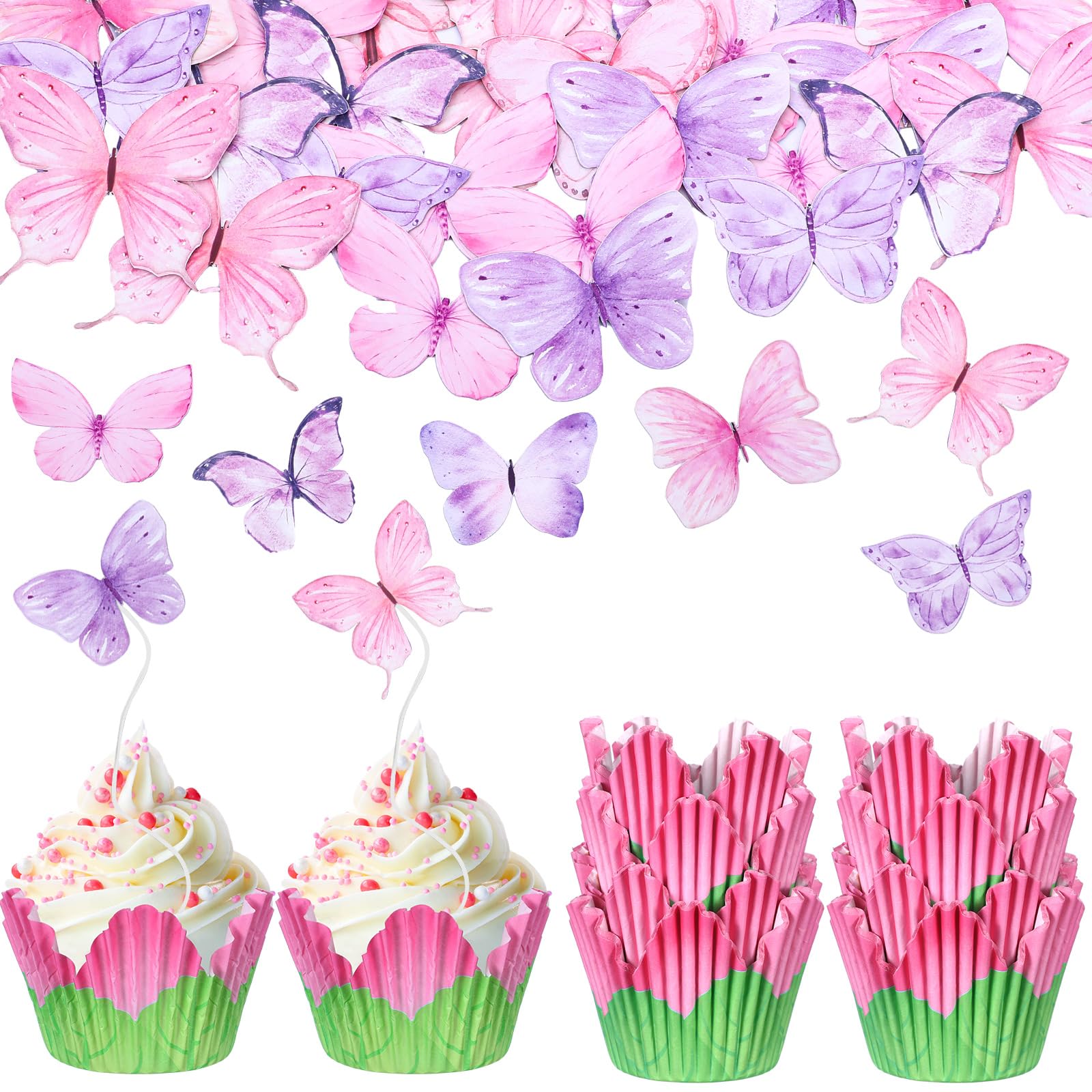 Vesici 200 Counts Floral Cupcake Set Include100 Counts Pink Petal Tulip Cupcake Liners 100 Butterflies Cake Toppers Flower Wrappers for Cake Spring Wedding Bridal Birthday Party Supplies