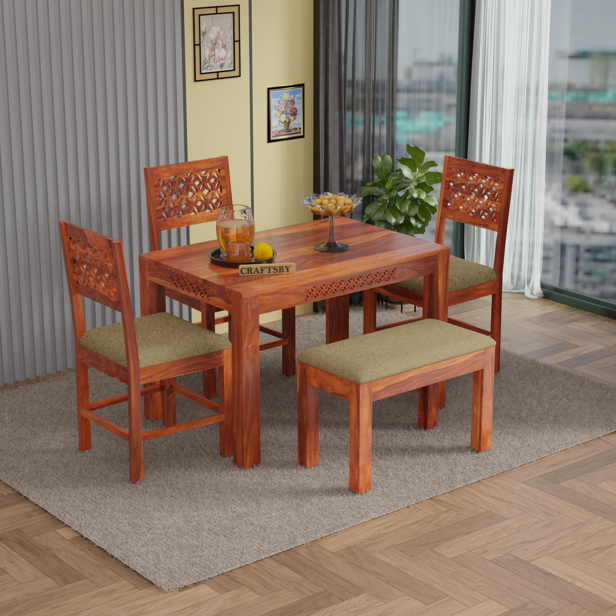45 Inch Length Solid Sheesham Wood 4 Seater Dining Table Set | Four Seater Dinner Table with 3 Cream Cushions Chairs & 1 Bench | Dinning Table Set 4 Seater for Living Room | Honey Finish-image-29